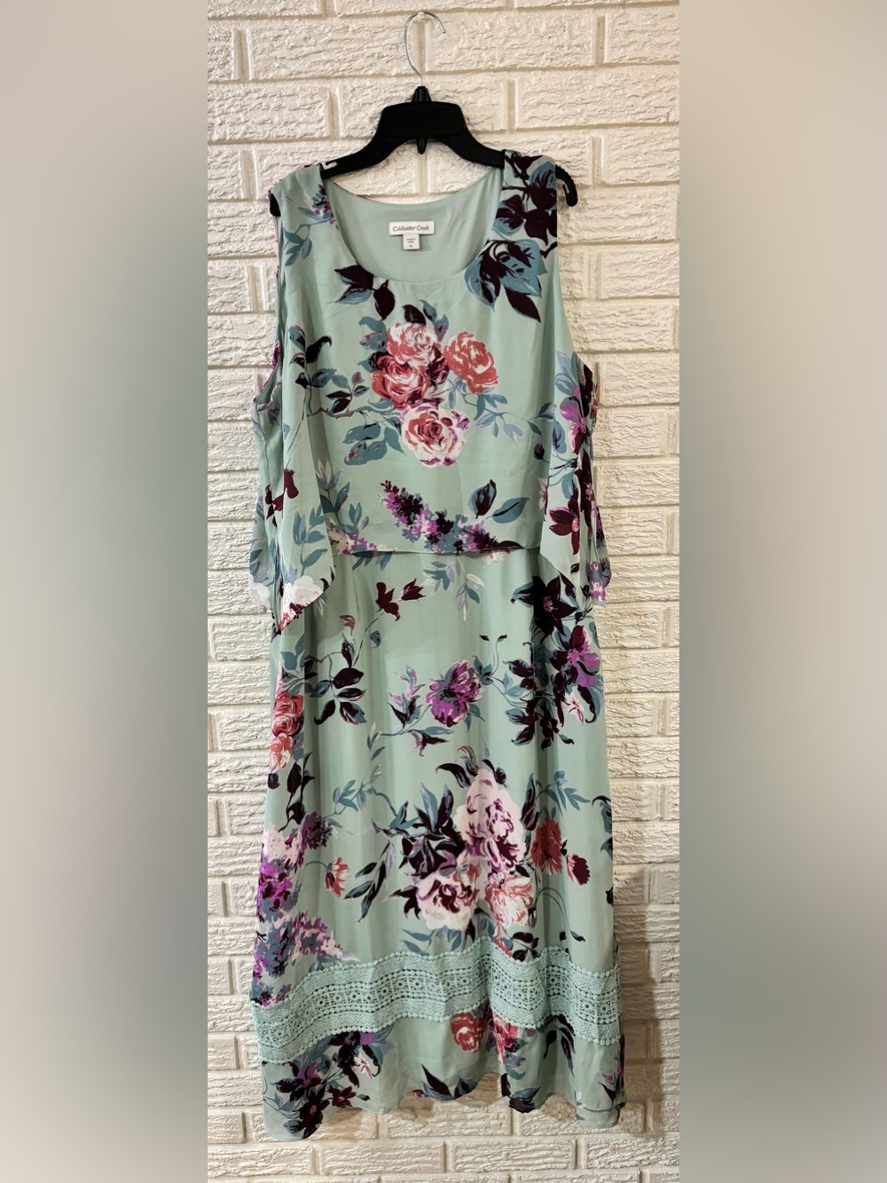 Coldwater Creek Turquoise Floral V-Neck Sleeveless Maxi Dress Lace Hem XL